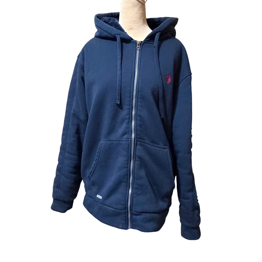 US Polo Assn Mens Navy Blue Sherpa Lined Full Zip Hoodie Sweatshirt Size M